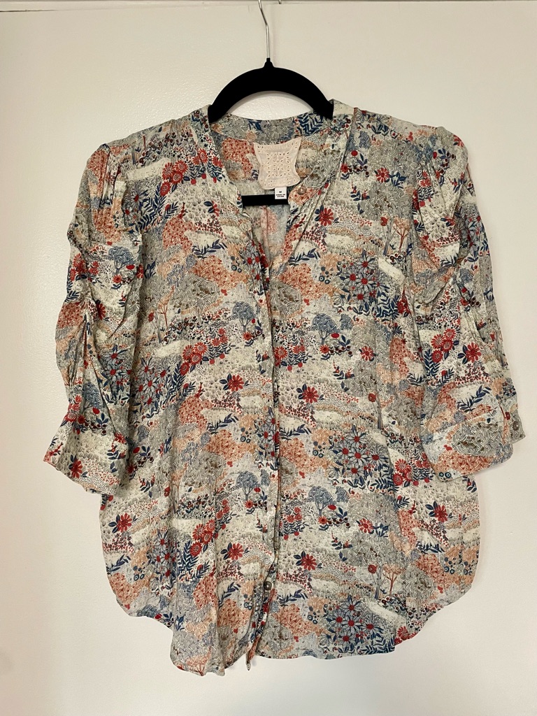 Johnny Was Floral Button-Front Blouse - Cream, Red, Blue